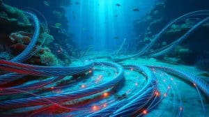 Illustration de l'utilisation des câbles sous-marins en fibre optique pour la détection acoustique et la surveillance sous-marine.