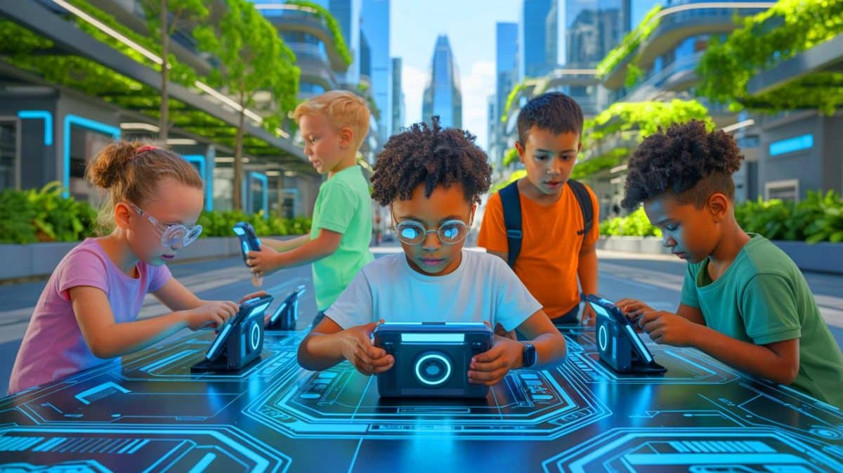 Illustration de la génération Bêta naissante influencée par l'intelligence artificielle et les défis technologiques.