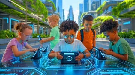 Illustration de la génération Bêta naissante influencée par l'intelligence artificielle et les défis technologiques.