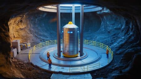 Illustration de l'installation d'un micro-réacteur nucléaire dans un forage profond par Deep Fission Nuclear.