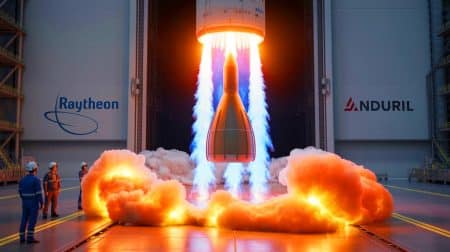 Illustration de la réussite du test à feu statique d'un moteur-fusée à propergol solide avancé par Raytheon et Anduril.