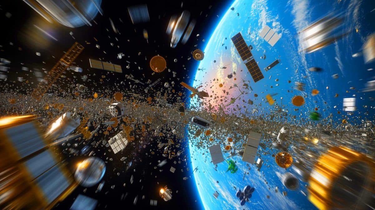 Illustration de la pollution de l'orbite terrestre par des débris spatiaux.