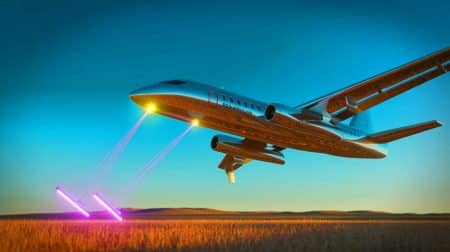 Illustration de la transmission de photons depuis un avion en vol dans un réseau de communication quantique.