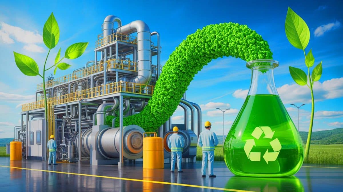 Illustration de la transformation des déchets de biodiesel en solketal grâce à un procédé innovant et écologique.