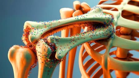 Illustration de microplastiques affectant la santé osseuse humaine.