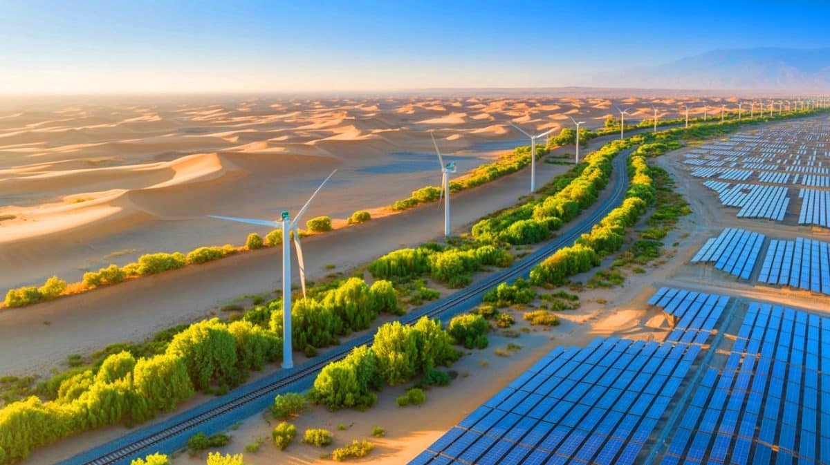 Illustration de la transformation durable du désert de Taklamakan par des projets écologiques et économiques en Chine.