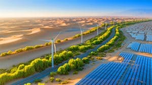 Illustration de la transformation durable du désert de Taklamakan par des projets écologiques et économiques en Chine.