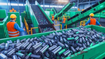 Illustration de la réduction de l'empreinte carbone grâce au recyclage des batteries lithium-ion.