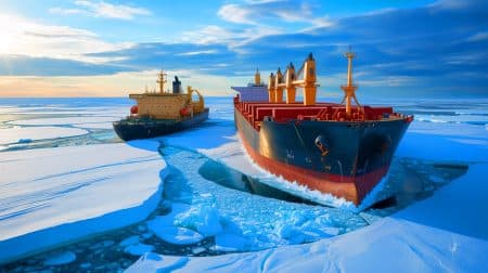 Illustration de la libération du cargo néerlandais Thamesborg dans les glaces arctiques après six semaines d'immobilisation.