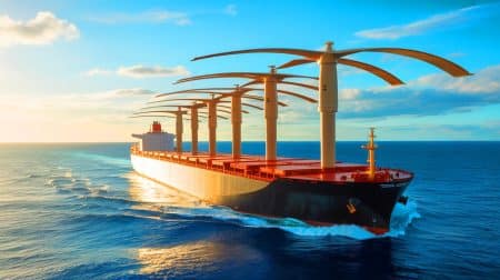 « Ces voiles menacent l’empire du fioul » : le cargo Grand Pioneer réduit ses émissions de 12 % et inquiète l’industrie pétrolière mondiale Illustration de l'utilisation de voiles rotatives sur le Grand Pioneer pour réduire les émissions polluantes.