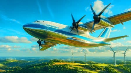Illustration de l'avion cargo WindRunner conçu pour le transport des éoliennes terrestres.