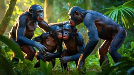 Bonobos en colère : une expérience marquante pour un mâle qui ne l’oubliera jamais Illustration de l'attaque violente d'un groupe de femelles bonobos sur un mâle dans la forêt congolaise.
