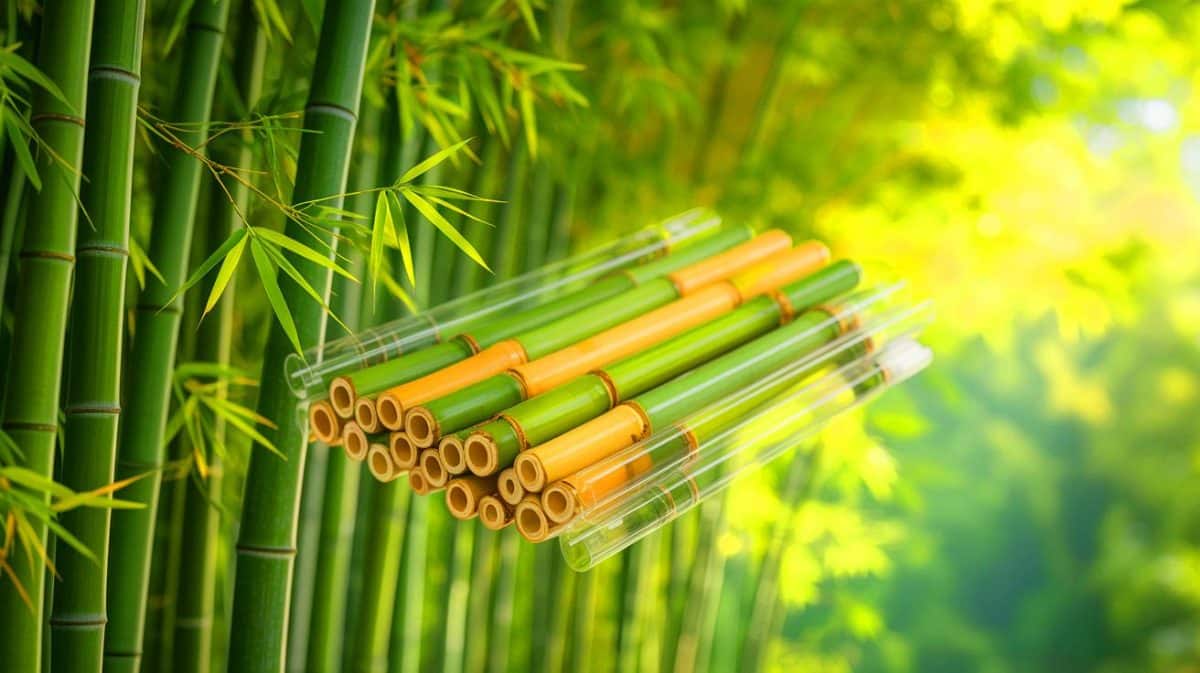 Illustration de la découverte d'un bioplastique innovant à base de bambou par des chercheurs chinois.