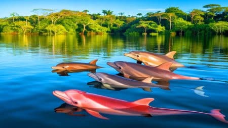 Illustration de la sécheresse en Amazonie ayant transformé le lac Tefé en piège mortel pour les dauphins.