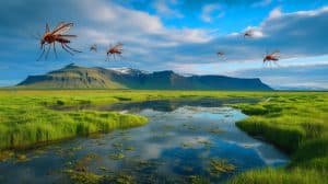 Illustration de la découverte de moustiques en Islande, signe du réchauffement climatique.