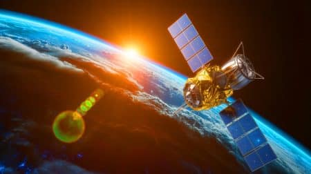 Illustration de l'utilisation de satellites pour bloquer le rayonnement solaire dans la lutte contre le réchauffement climatique.
