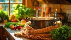 Illustration de la cuisson passive comme méthode économique et écologique pour réduire la consommation énergétique en hiver.