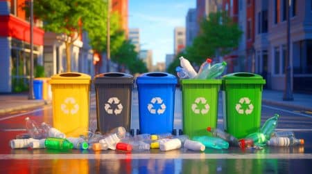 Illustration de la complexité du tri sélectif en France à travers la diversité des couleurs des bacs de recyclage.