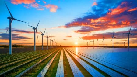 Illustration de la transition énergétique en France avec le développement du solaire et de l'éolien d'ici 2035.