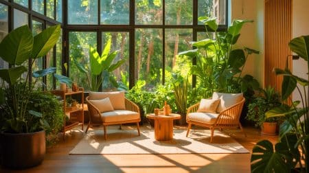 Illustration de l'équilibre optimal de plantes dans un espace intérieur pour favoriser le bien-être.
