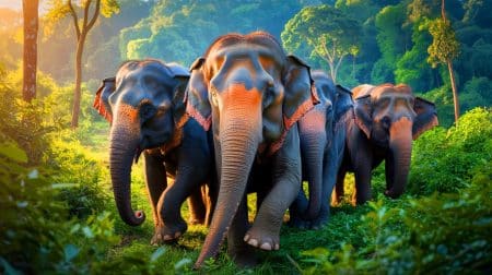 Le Bangladesh libère ses éléphants captifs : un pari audacieux pour la conservation et la réconciliation avec la nature Illustration de la réintroduction d'éléphants captifs dans la nature au Bangladesh.