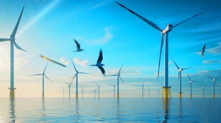 Illustration de l'atteinte d'un record de production d'électricité éolienne au Royaume-Uni avec 22,7 gigawatts.