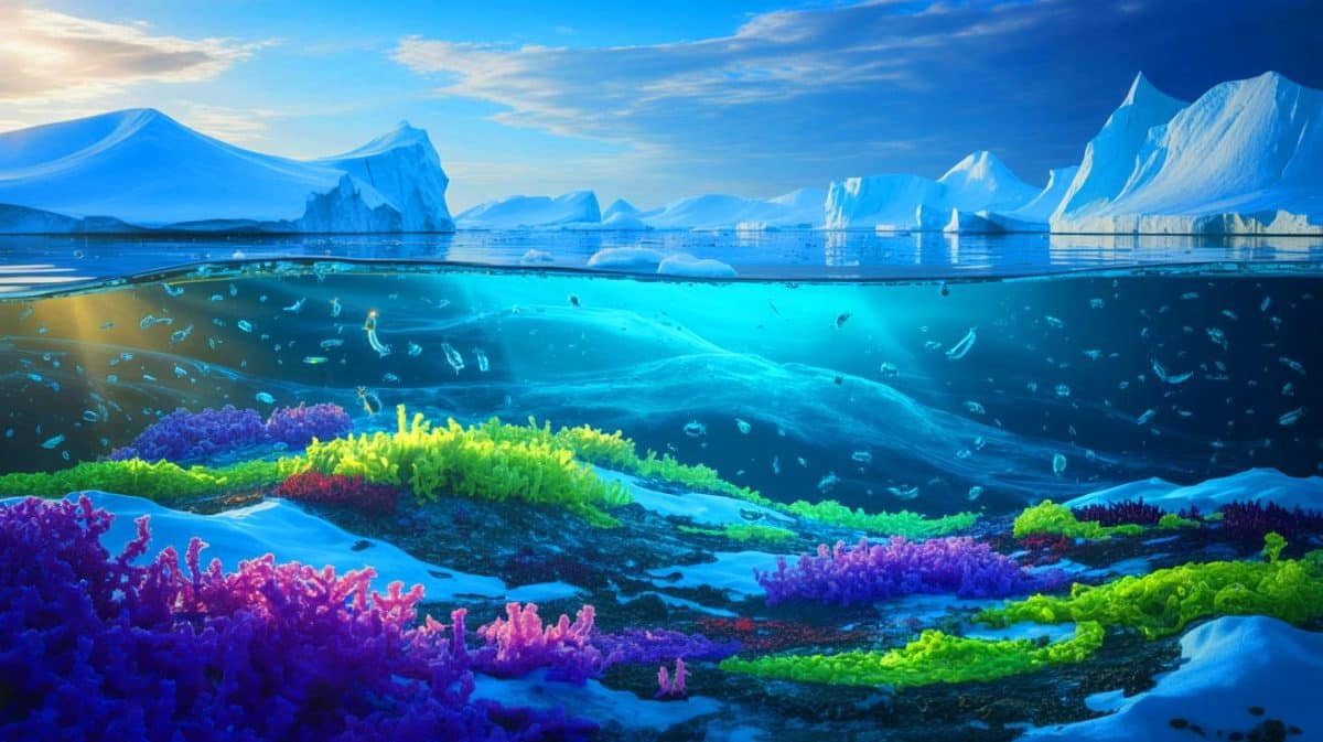 Les microbes arctiques sous la glace : un rôle essentiel dans la survie et l’équilibre des océans Illustration de microbes fixant l'azote sous la glace de l'Arctique.
