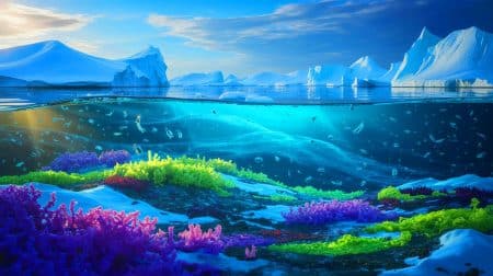 Les microbes arctiques sous la glace : un rôle essentiel dans la survie et l’équilibre des océans Illustration de microbes fixant l'azote sous la glace de l'Arctique.