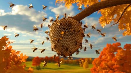 Les nids de frelons de 5 kilos tombent de 15 mètres : comment éviter les risques cet automne Illustration de la chute d'un nid de frelons suite à un coup de vent en automne.