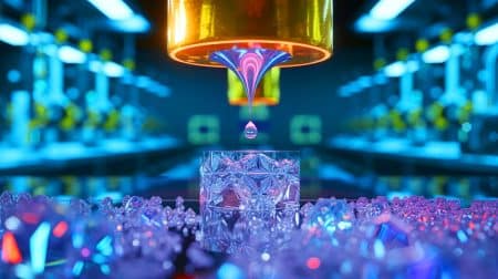 Illustration de la découverte de la nouvelle phase de glace Ice XXI sous haute pression.