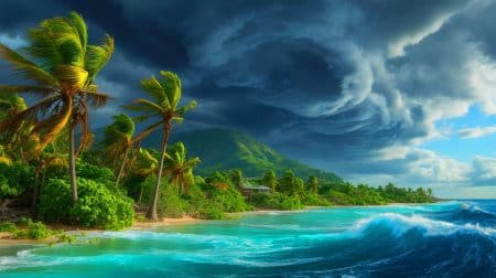 Ouragan en Jamaïque : comment les tempêtes tropicales « lentes » modifient-elles notre compréhension des phénomènes climatiques ? Illustration de l'ouragan Melissa dévastant la Jamaïque avec des vents violents et une lenteur inhabituelle.