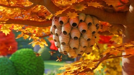Illustration de la visibilité accrue des nids de frelons asiatiques en automne avec la raréfaction des feuilles.
