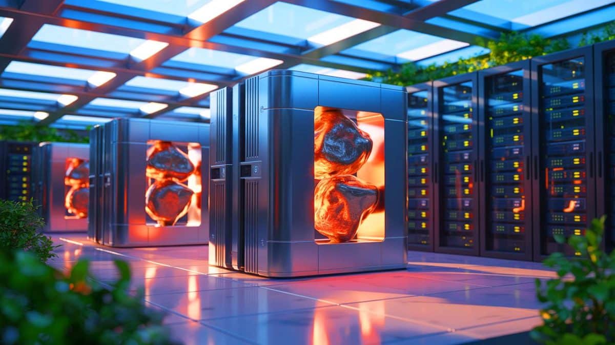 Sam Altman investit dans Exowatt : la révolution des « pierres chaudes » pour transformer les centres de données d’IA Illustration de la technologie de pierres chaudes d'Exowatt pour alimenter les centres de données d'IA.