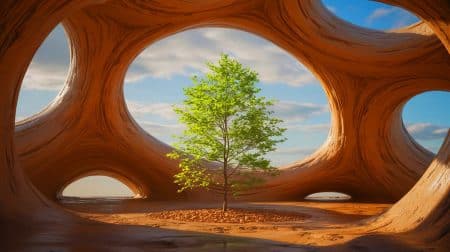 Illustration de structures en terre imprimées en 3D pour protéger et nourrir les jeunes arbres.