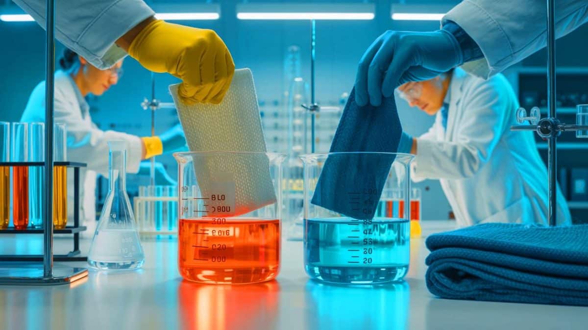 Un nouveau solvant révolutionne le recyclage des textiles polycoton, offrant une seconde vie aux vêtements usés Illustration de la séparation innovante du polyester et du coton grâce à un solvant révolutionnaire pour le recyclage des textiles.