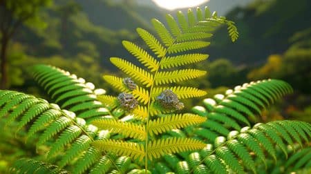 Une fougère chinoise révolutionne la technologie en produisant des cristaux de smartphone directement dans ses cellules Illustration de la fougère Blechnum orientale extrayant des terres rares et formant des cristaux minéraux dans ses cellules.