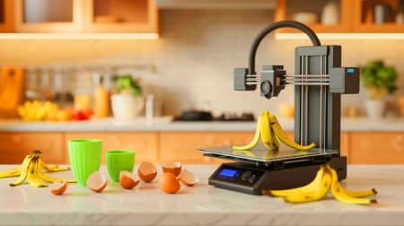 Illustration de l'imprimante 3D FOODres.AI transformant des déchets alimentaires en objets ménagers utiles.