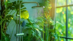 Illustration de l'économie d'eau sous la douche grâce à un geste simple et efficace.