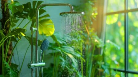 Illustration de l'économie d'eau sous la douche grâce à un geste simple et efficace.