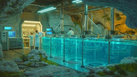 Illustration de la méthode innovante de capture de CO₂ accélérant un processus géologique millénaire.