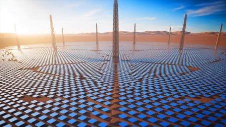 Illustration de la centrale solaire thermique Ivanpah dans le désert des Mojaves.