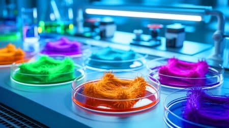 Illustration de la production et teinture de fibres textiles par des bactéries pour une mode écologique.