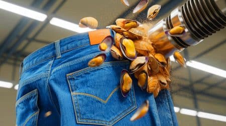 Illustration de l'utilisation innovante des coquilles de moules pour le sablage écologique des jeans.