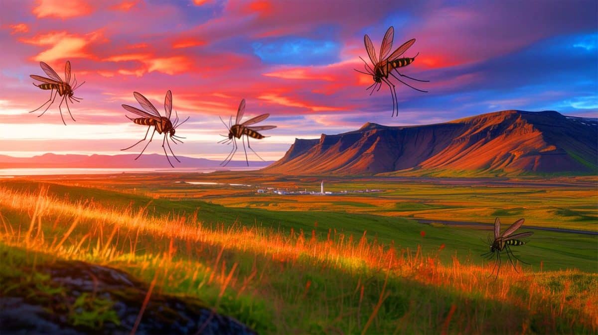 Les moustiques envahissent l’un des derniers refuges terrestres : quelles conséquences pour l’écosystème et les habitants Illustration de l'arrivée inattendue de moustiques en Islande, perturbant l'équilibre écologique de l'île.