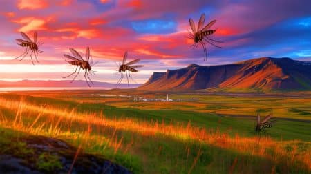 Illustration de l'arrivée inattendue de moustiques en Islande, perturbant l'équilibre écologique de l'île.