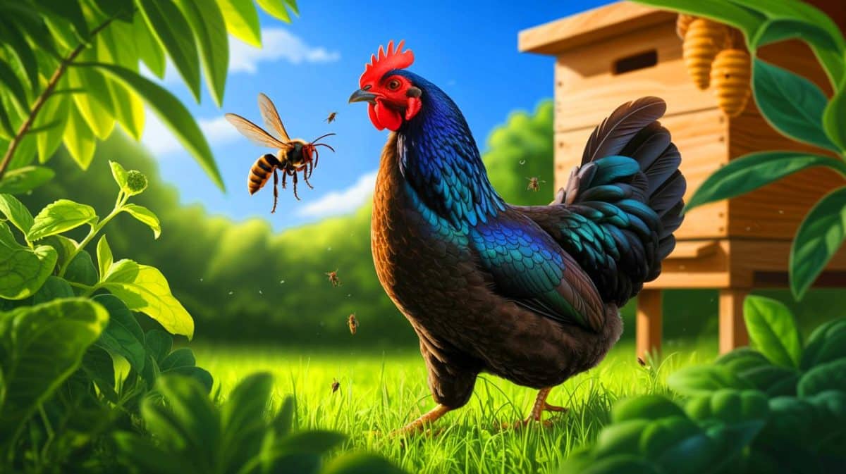 Les poules, nouvelles alliées contre les frelons asiatiques : une solution naturelle pour protéger nos jardins Illustration de la poule noire de Janzé, prédatrice naturelle de frelons asiatiques.