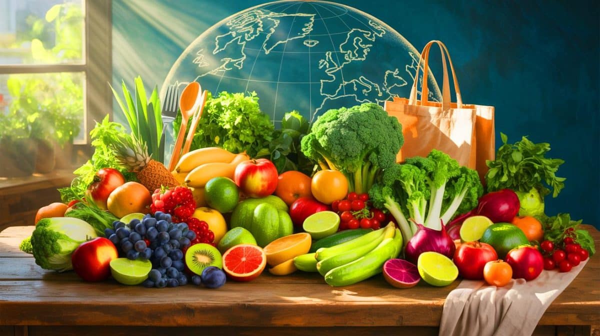 Illustration de l'impact économique et environnemental d'une alimentation saine et durable.