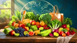 Illustration de l'impact économique et environnemental d'une alimentation saine et durable.