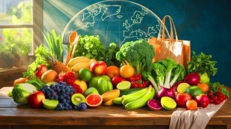 Illustration de l'impact économique et environnemental d'une alimentation saine et durable.